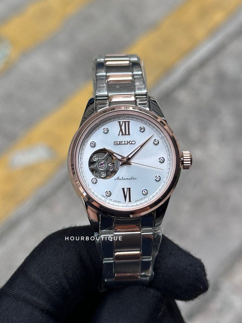 Brand New Seiko Presage Two Tone Rose Gold Open Heart Automatic Watch SSDE010