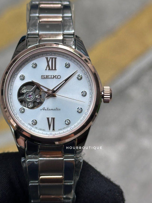 Brand New Seiko Presage Two Tone Rose Gold Open Heart Automatic Watch SSDE010