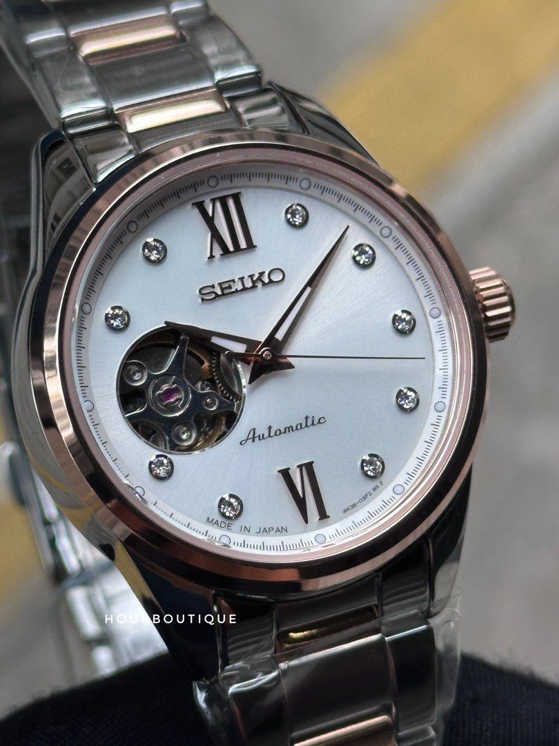 Brand New Seiko Presage Two Tone Rose Gold Open Heart Automatic Watch SSDE010