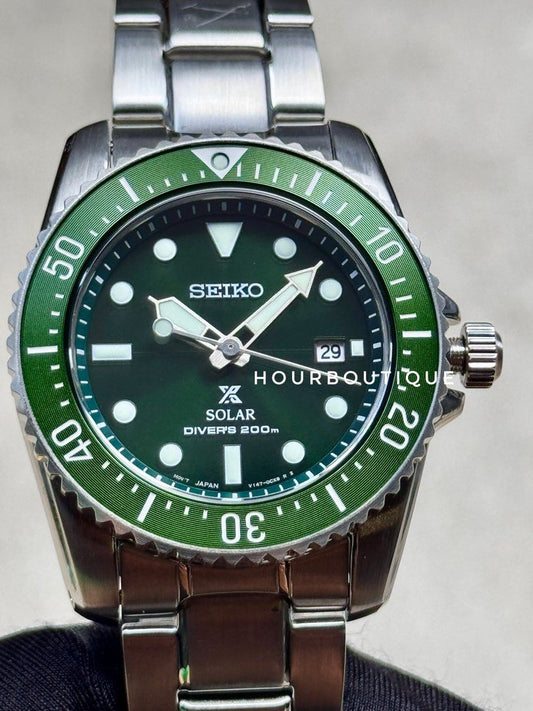 Brand New Seiko Prospex 38mm Green Dial Solar Divers Watch SNE585P1