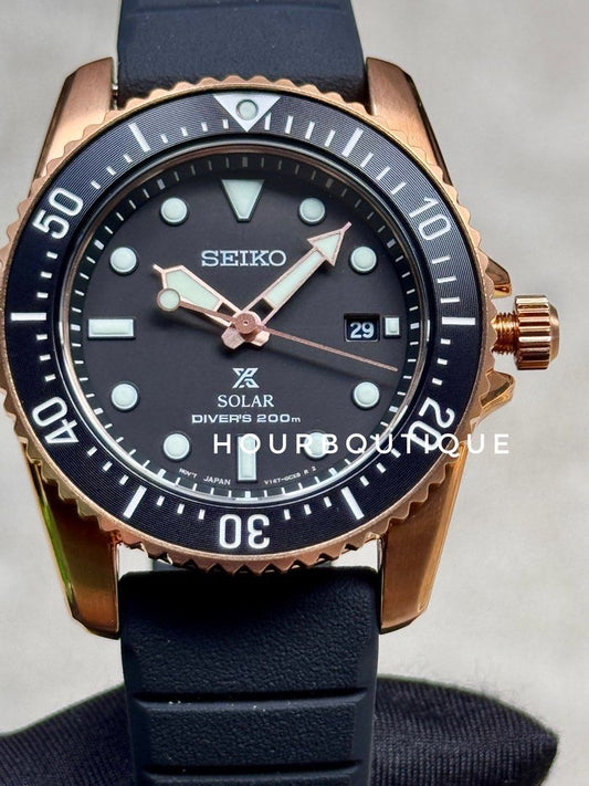 Brand New Seiko Prospex Rose Gold Case, Solar Powered Divers Watch SNE586P1