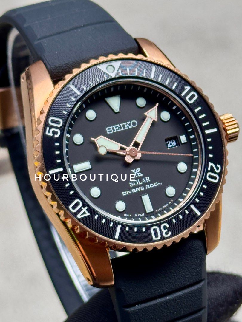 Brand New Seiko Prospex Rose Gold Case, Solar Powered Divers Watch SNE586P1