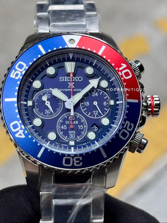 Brand New Seiko Prospex Solar Chronograph Divers Pepsi Watch SSC783P1