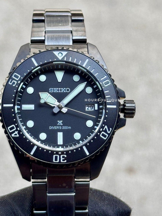 Brand New Seiko Prospex Solar Powered Black PVD Divers Watch SNE599P1