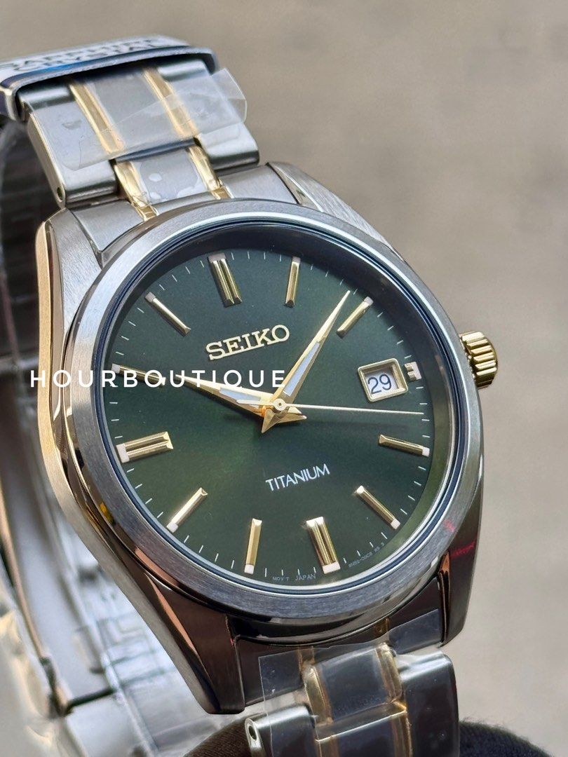 Brand New Seiko Titanium Case Green Dial Sapphire Crystal Quartz Watch SUR377P1