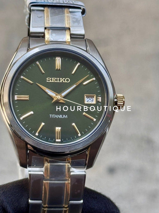 Brand New Seiko Titanium Case Green Dial Sapphire Crystal Quartz Watch SUR377P1