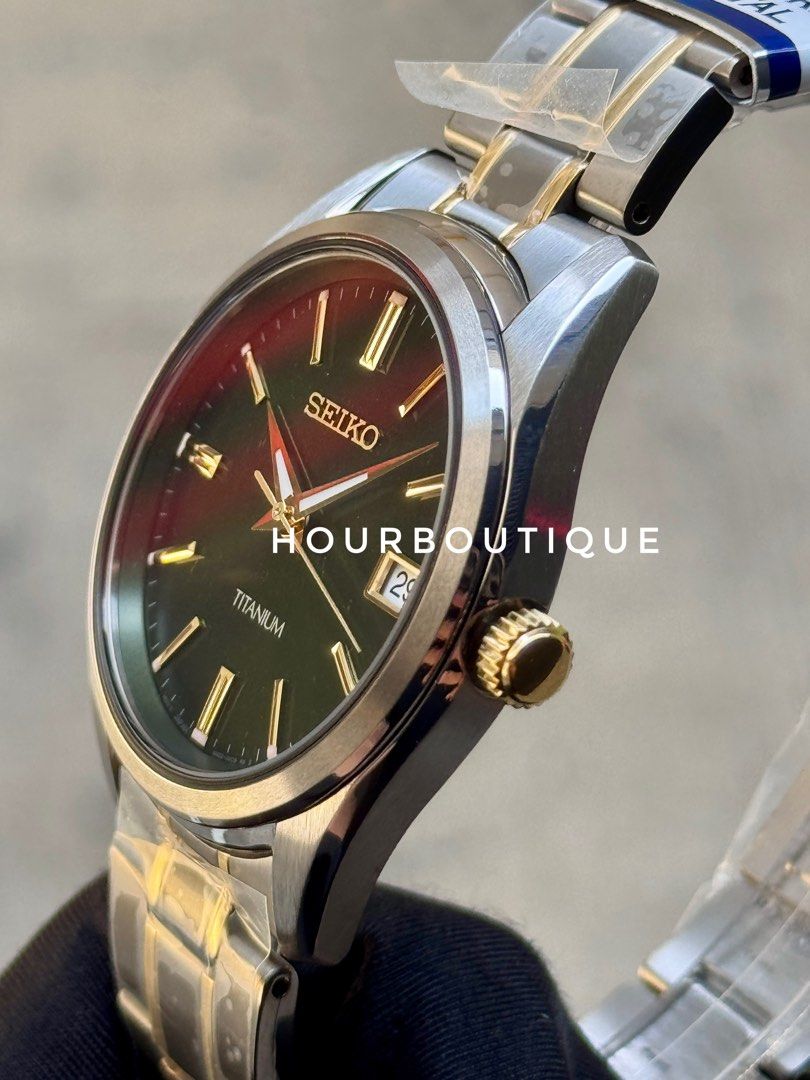 Brand New Seiko Titanium Case Green Dial Sapphire Crystal Quartz Watch SUR377P1