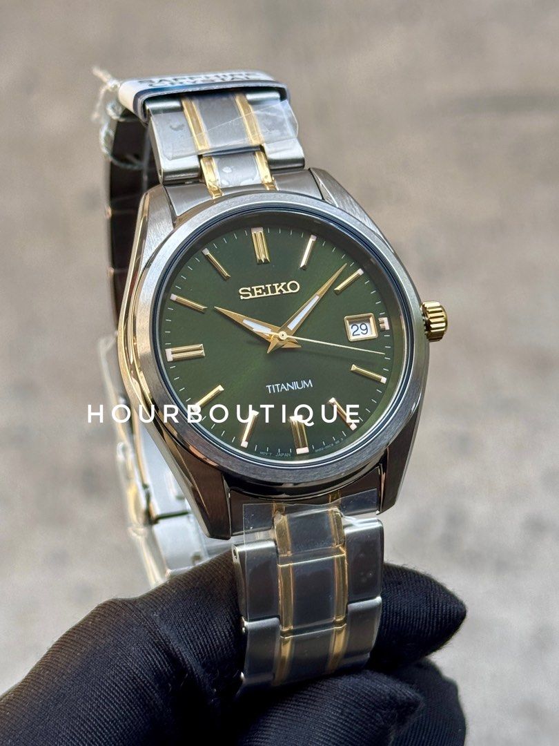 Brand New Seiko Titanium Case Green Dial Sapphire Crystal Quartz Watch SUR377P1