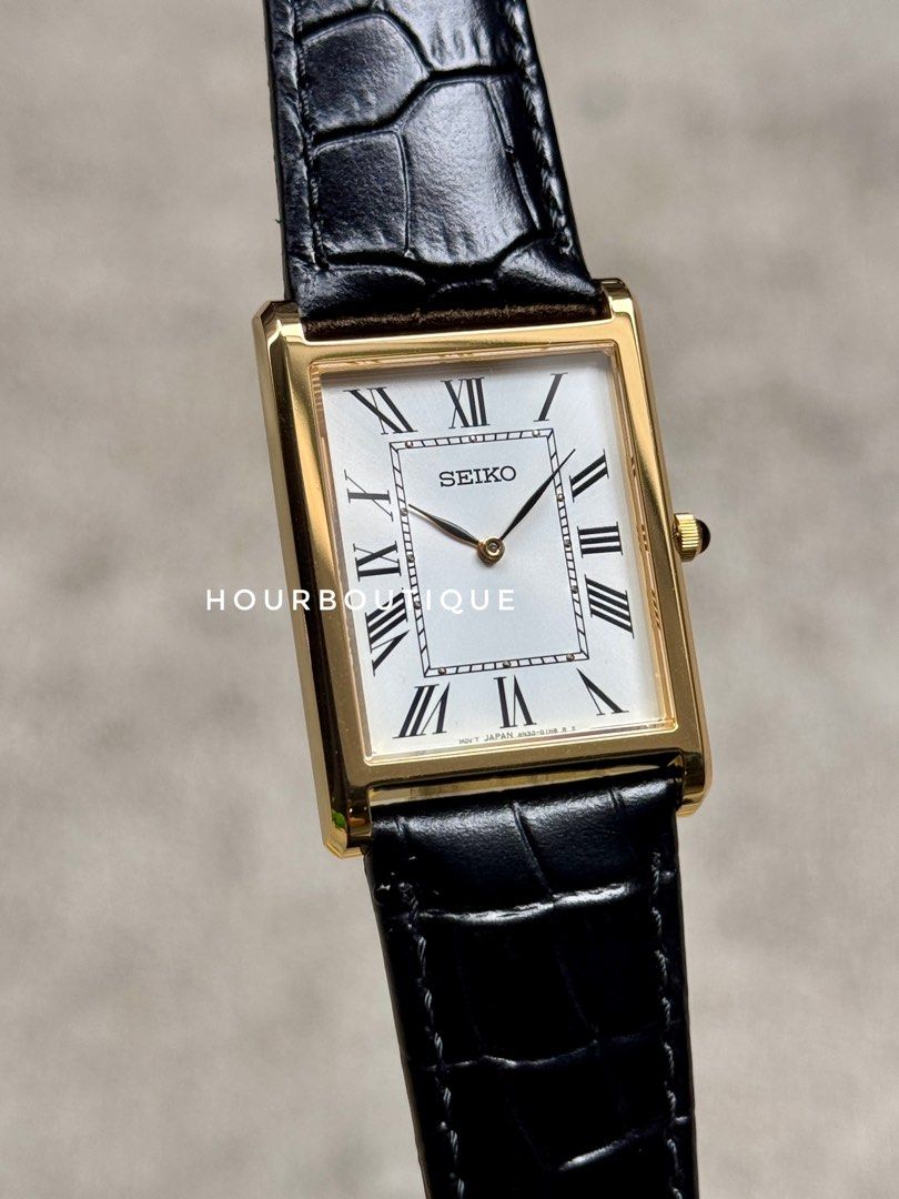 Brand New Seiko Tank Gents PVD Gold White Roman Dial Quartz Sapphire Crystal