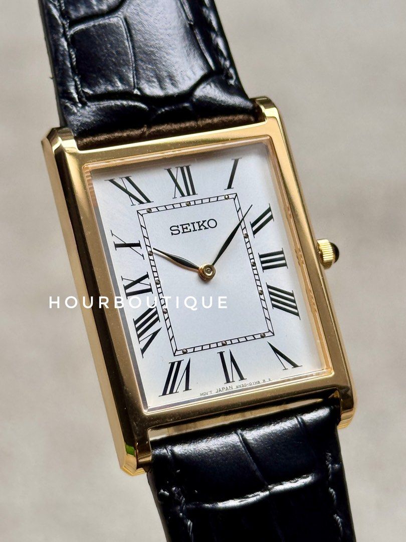 Brand New Seiko Tank Gents PVD Gold White Roman Dial Quartz Sapphire Crystal