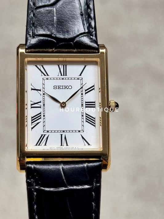Brand New Seiko Tank Gents PVD Gold White Roman Dial Quartz Sapphire Crystal
