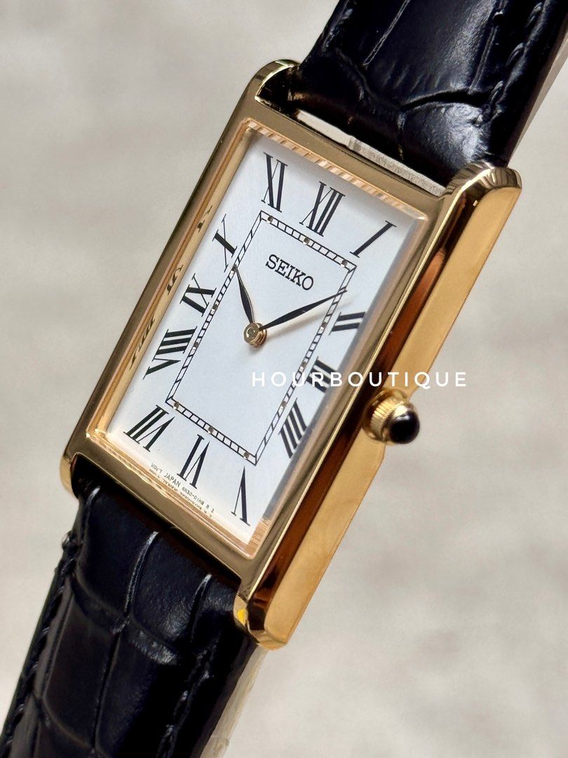 Brand New Seiko Tank Gents PVD Gold White Roman Dial Quartz Sapphire Crystal
