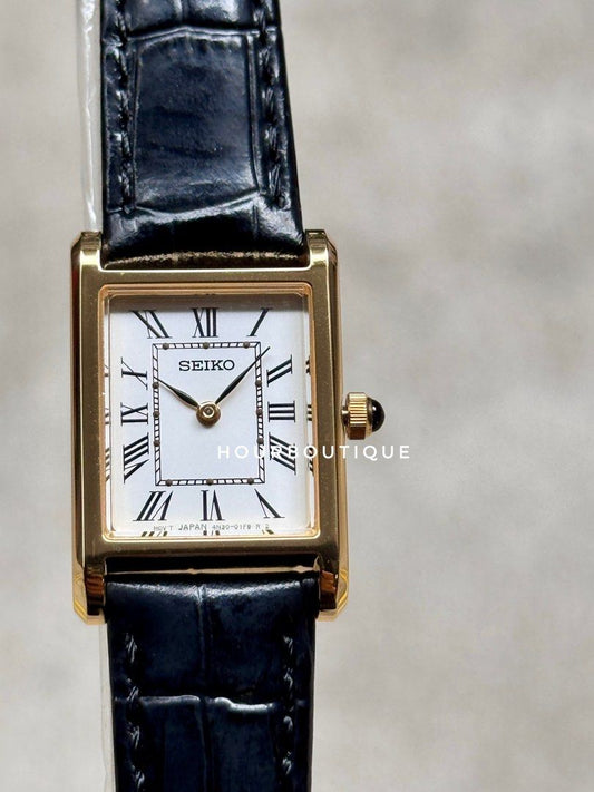 Brand New Seiko Tank Ladies PVd Gold Case White Dial Sapphire Crystal Quartz Watch Swr108P1