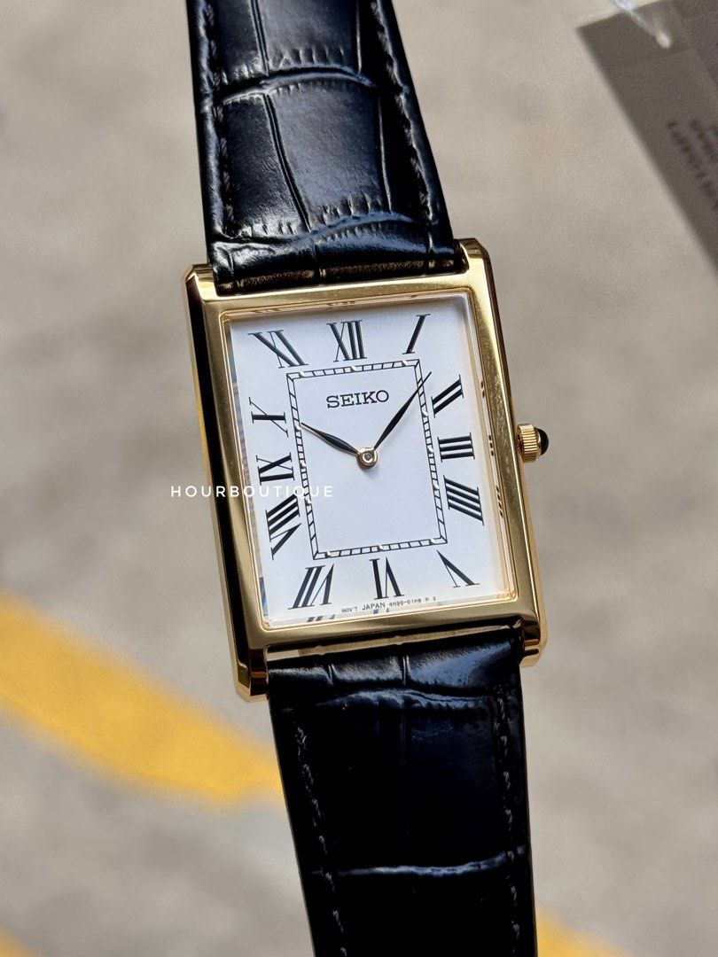 Brand New Seiko Tank PVD Gold Case Roman Index Quartz Watch SWR104P1