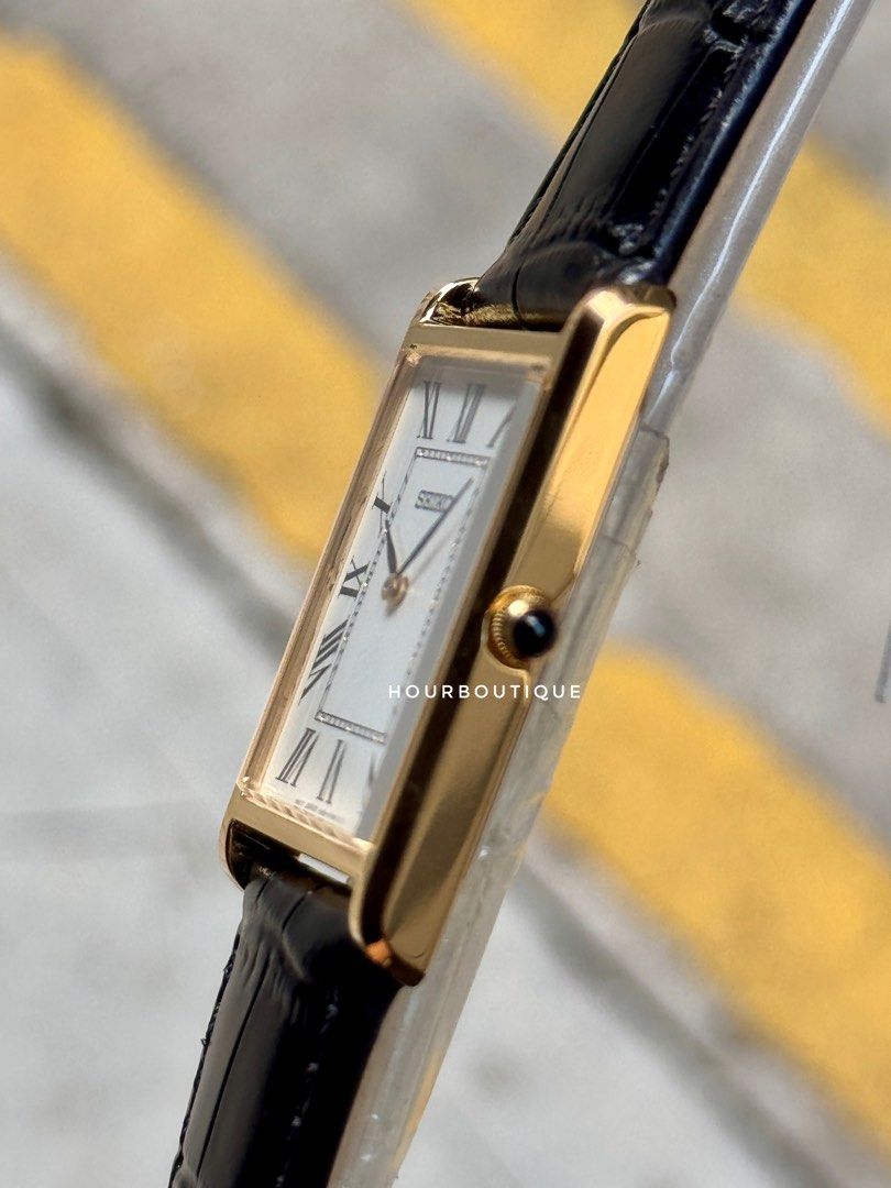 Brand New Seiko Tank PVD Gold Case Roman Index Quartz Watch SWR104P1