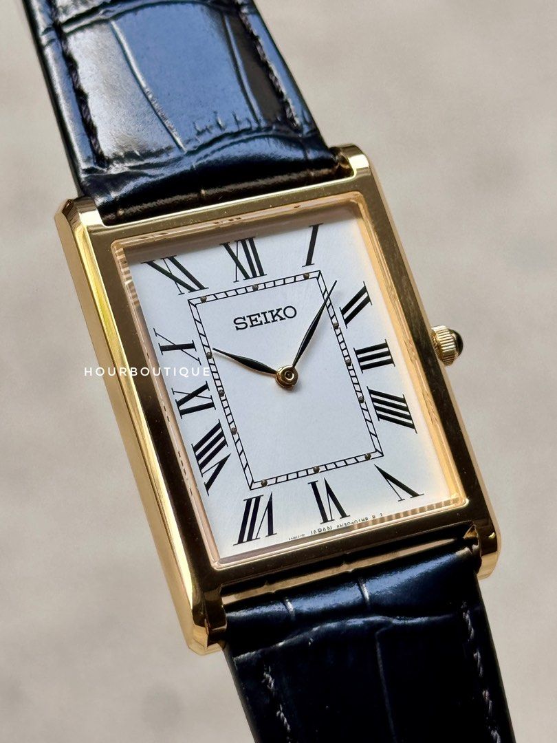 Brand New Seiko Tank PVD Gold Case Roman Index Quartz Watch SWR104P1