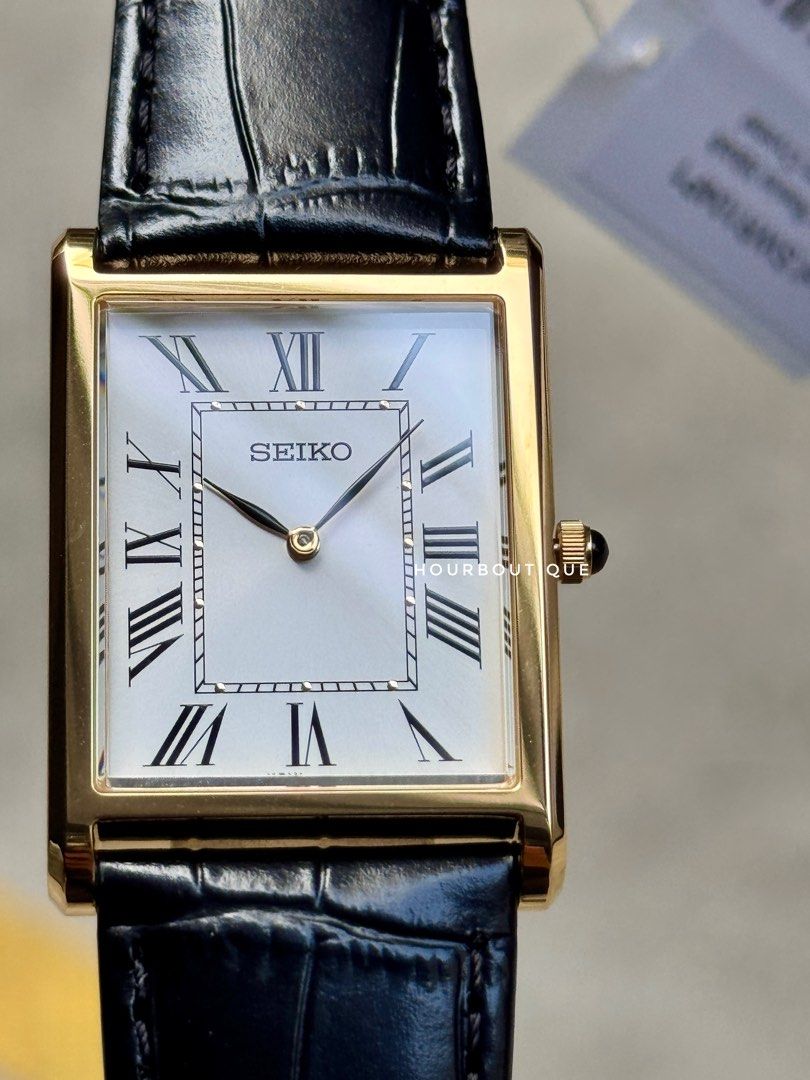 Brand New Seiko Tank PVD Gold Case Roman Index Quartz Watch SWR104P1