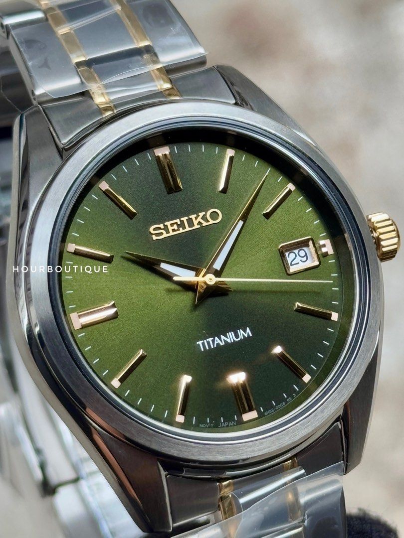 Brand New Seiko Titanium Case Green Dial Sapphire Crystal Quartz Watch SUR377P1