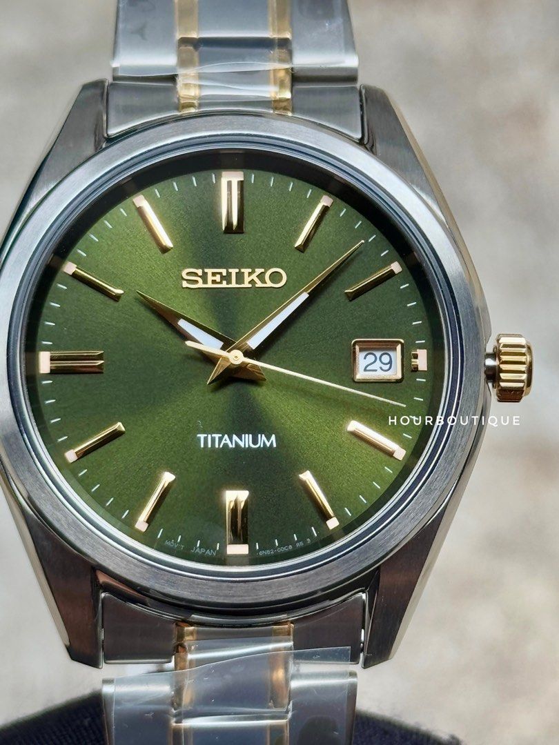 Brand New Seiko Titanium Case Green Dial Sapphire Crystal Quartz Watch SUR377P1