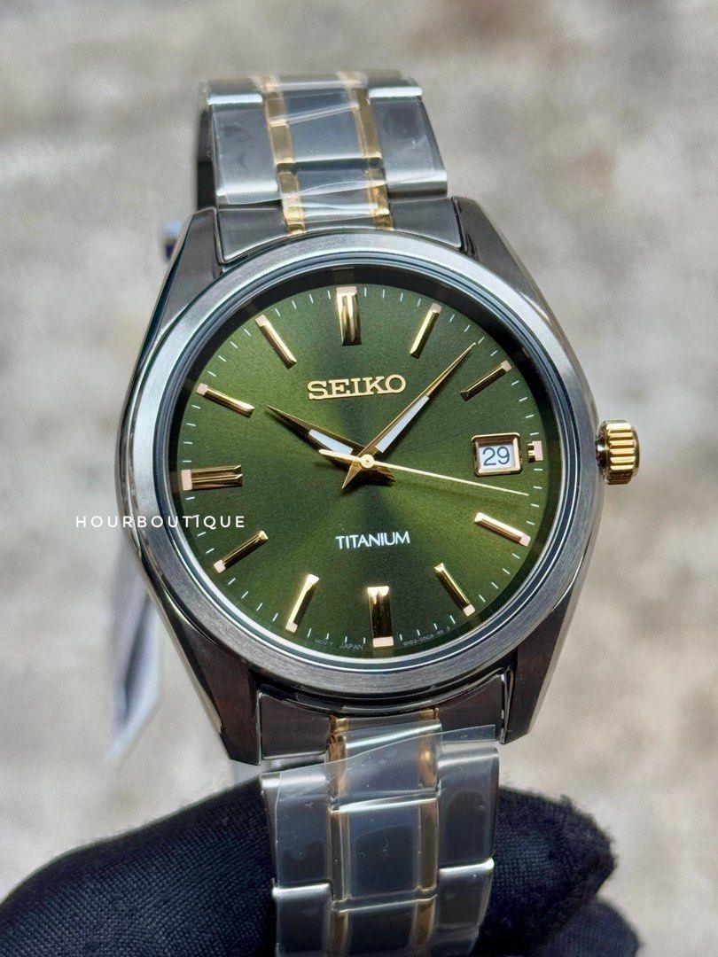 Brand New Seiko Titanium Case Green Dial Sapphire Crystal Quartz Watch SUR377P1