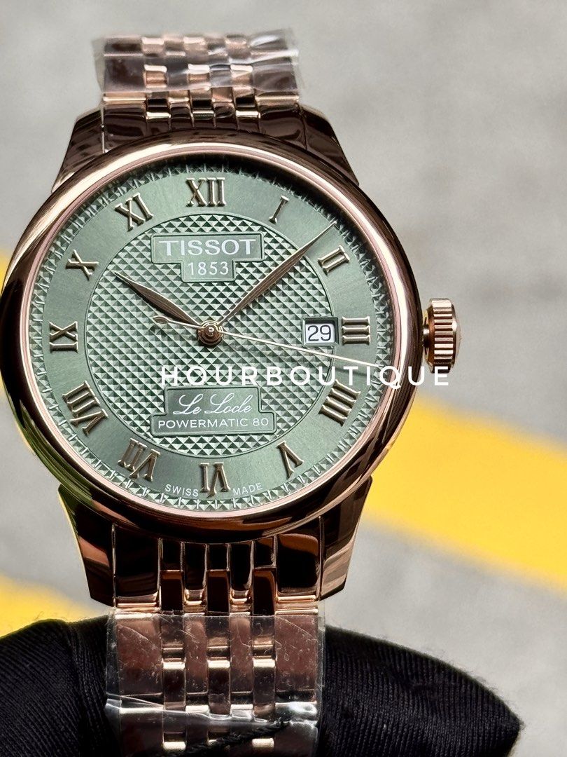 Brand New Tissot Le Locle Rose Gold PVD Case, Green Dial Powermatic 80 Watch T006.407.33.093.00