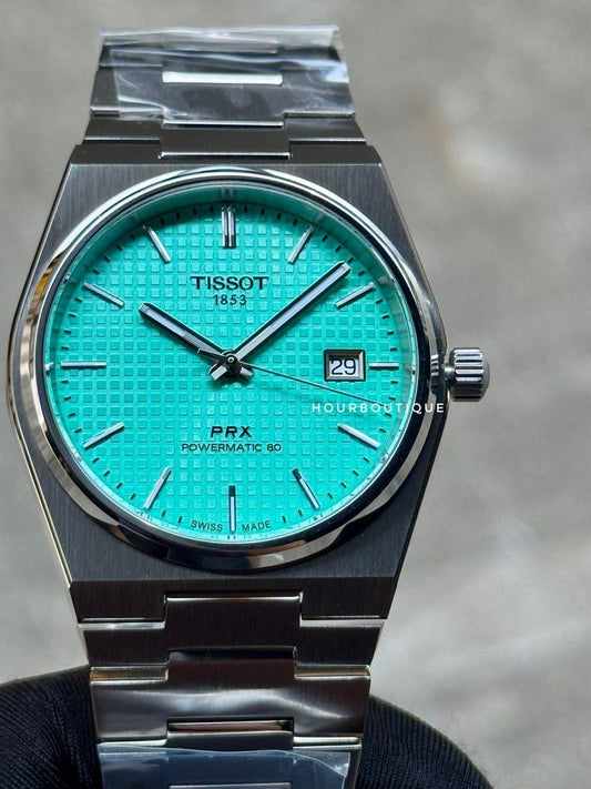 Brand New Tissot PRX Mint Green Waffle Dial, Powermatic 80 Swiss Made Watch T137.407.11.091.00