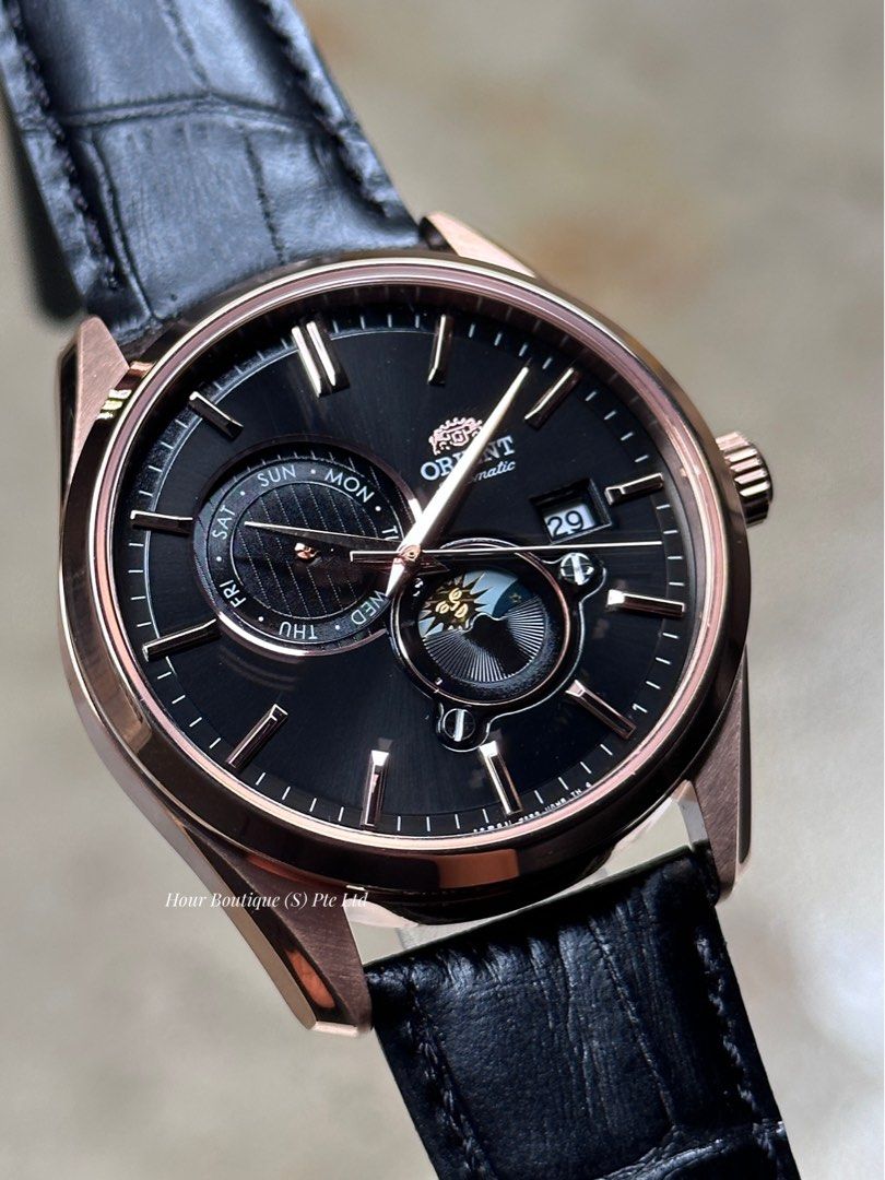 Brand New Orient Sun & Moon Rose Gold , Black Dial Men's Automatic Dress Watch RA-AK0309B